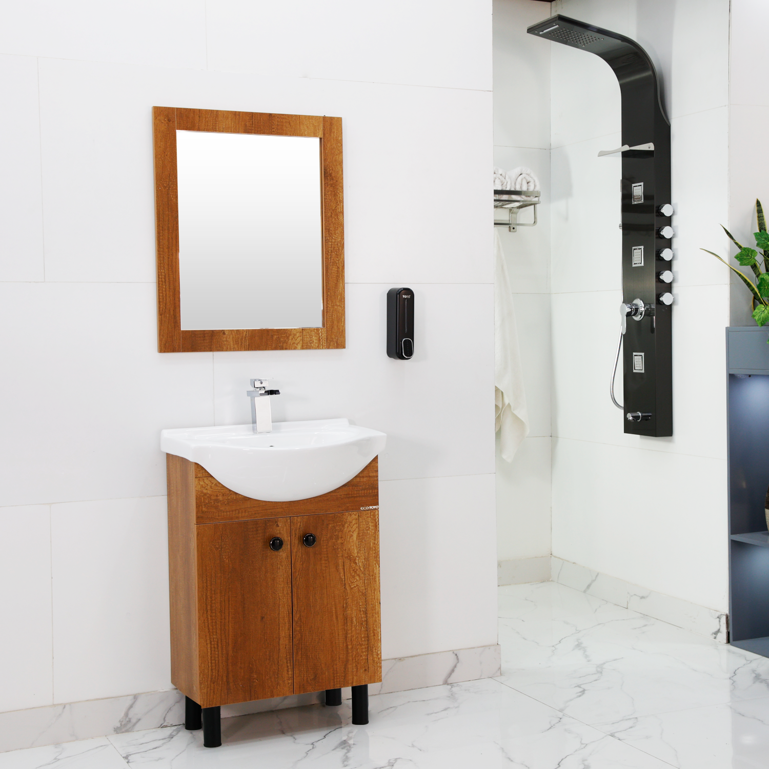 a small modern bathroom with a vanity and a built in washing